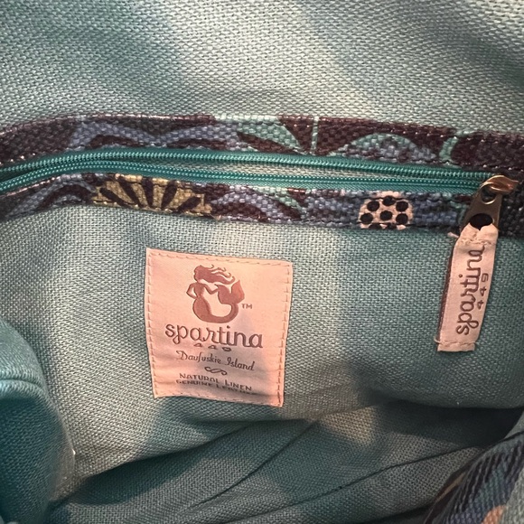 SPARTINA 449 Linen Leather Navy Blue Floral Print Shoulder Tote Bag - Picture 6 of 8